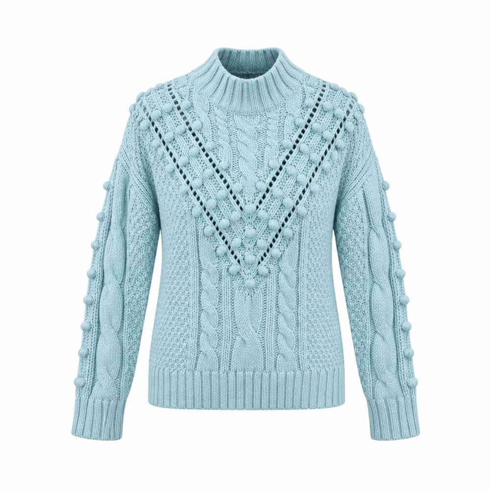 Marie Oliver Women Sweater Blue Cable Knit Wool Blend Turtleneck Pullover Medium